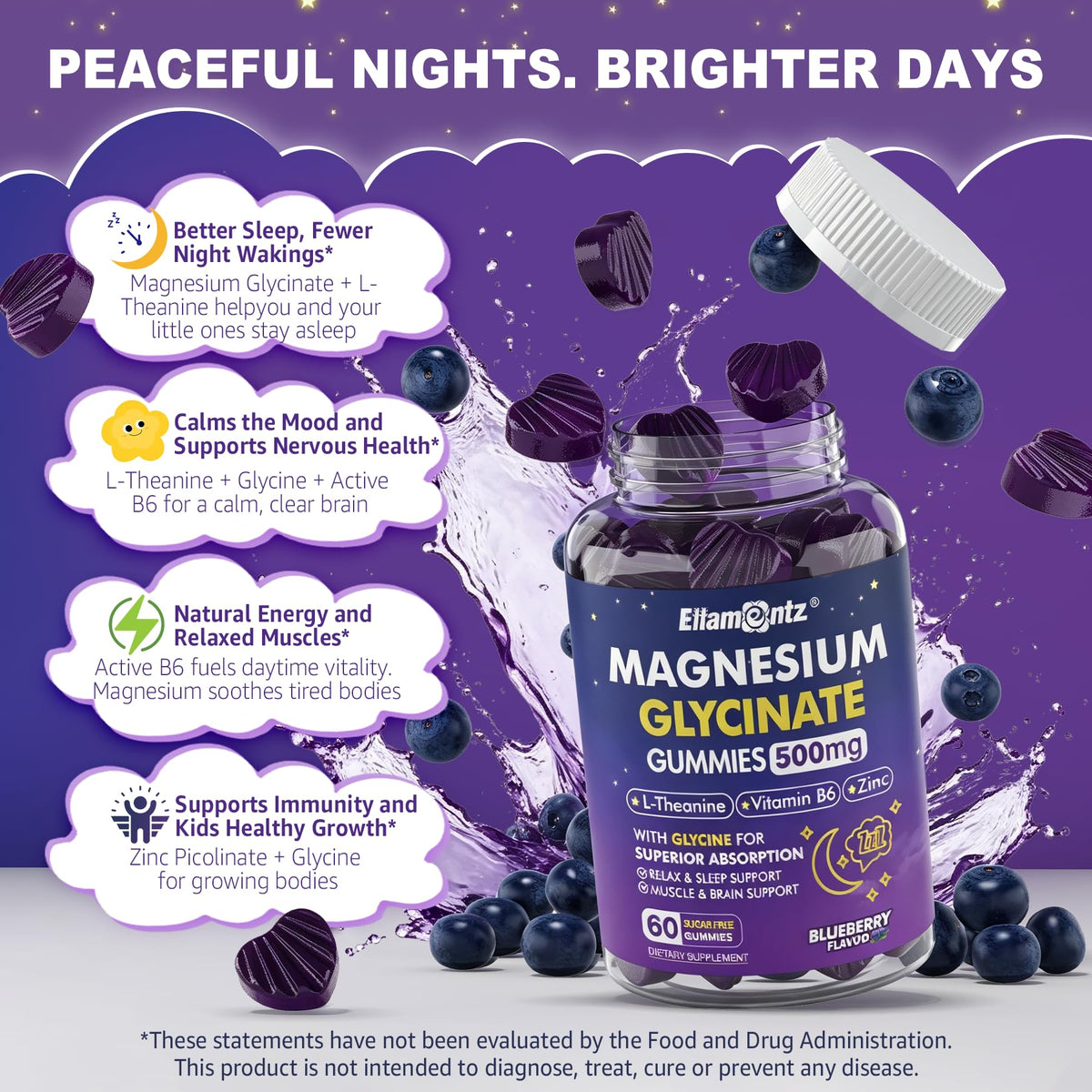 Magnesium Glycinate Gummies 500mg for Kids 6+ & Adults,High Absorption,60Ct