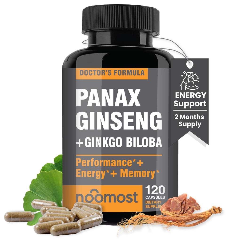 Authentic Korean Red Panax Ginseng + Ginkgo Biloba, 120 Vegan Capsules, Ginseng Root Extract Powder 1000mg (10% Ginsenosides) + Gingko Biloba 60mg, Energy and Focus Pills for Men and Women