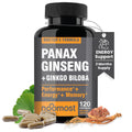 Authentic Korean Red Panax Ginseng + Ginkgo Biloba, 120 Vegan Capsules, Ginseng Root Extract Powder 1000mg (10% Ginsenosides) + Gingko Biloba 60mg, Energy and Focus Pills for Men and Women