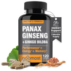 Authentic Korean Red Panax Ginseng + Ginkgo Biloba, 120 Vegan Capsules, Ginseng Root Extract Powder 1000mg (10% Ginsenosides) + Gingko Biloba 60mg, Energy and Focus Pills for Men and Women