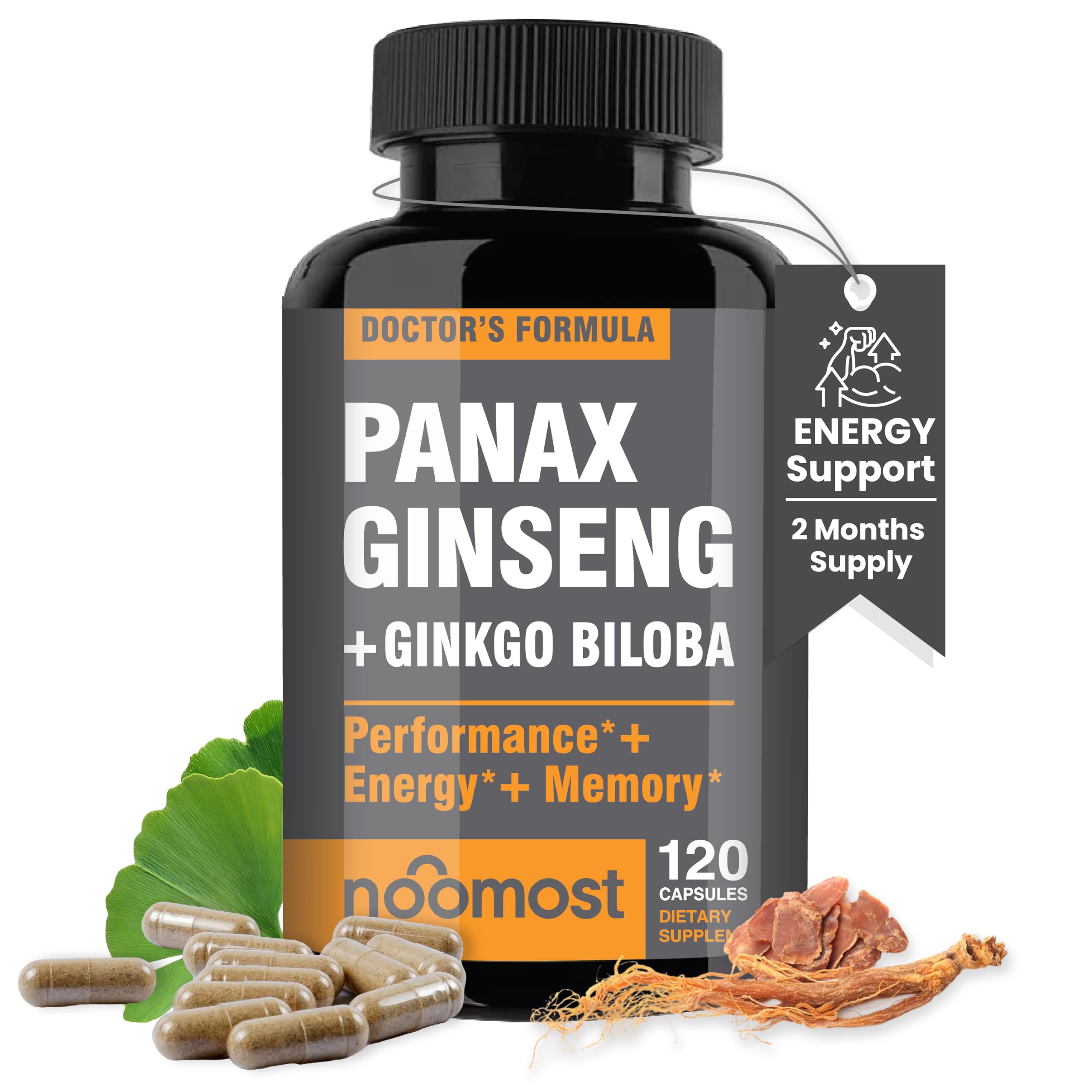 Authentic Korean Red Panax Ginseng + Ginkgo Biloba, 120 Vegan Capsules, Ginseng Root Extract Powder 1000mg (10% Ginsenosides) + Gingko Biloba 60mg, Energy and Focus Pills for Men and Women
