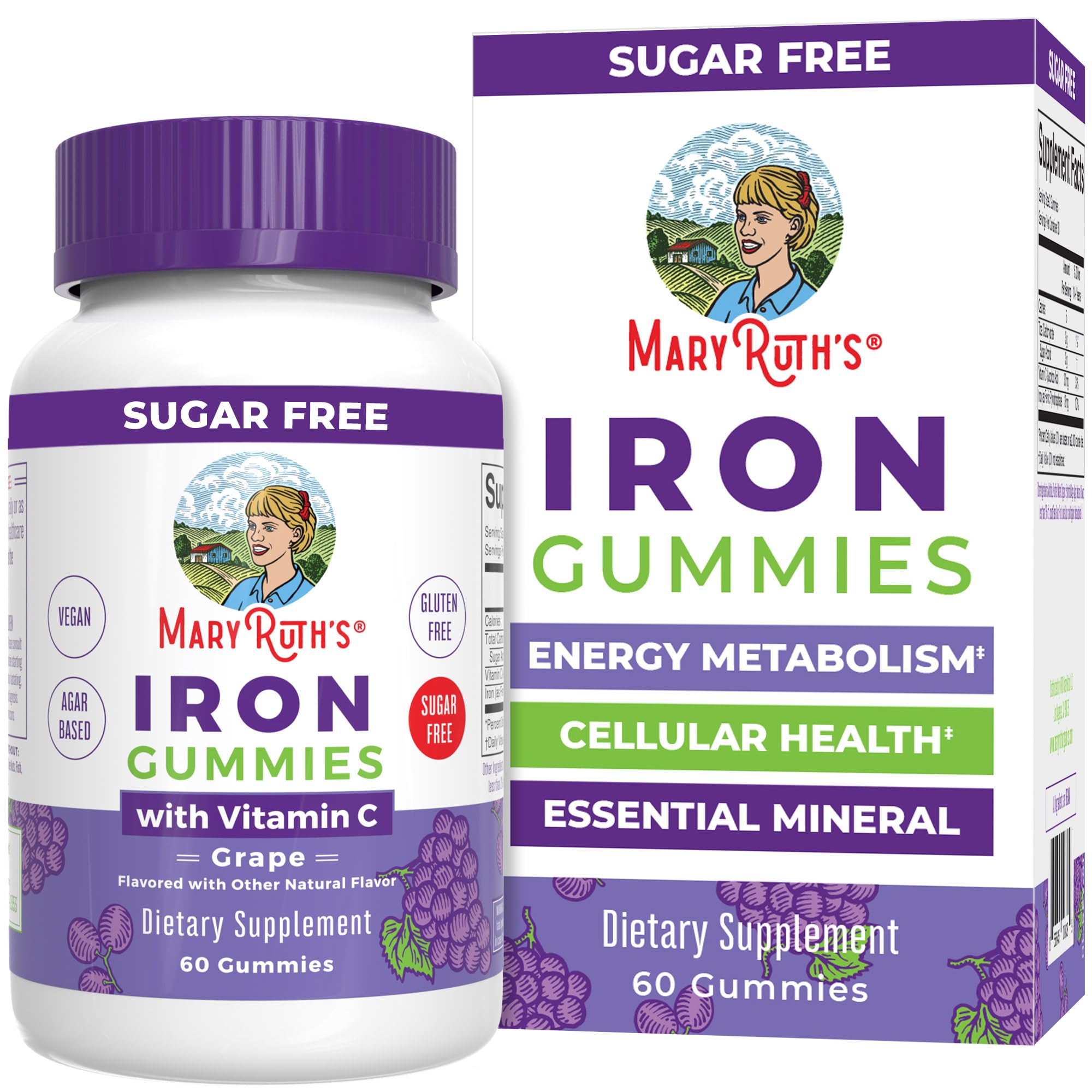 MaryRuth's Iron Gummies for 14+ with Vitamin C for Absorption | Sugar Free | Gummy Iron Supplement + VIT C | Energy Metabolism | Cellular Health | Immune Support | Vegan | Non-GMO | 60 Count | Sugar Free, Vegan, Cellular Health
