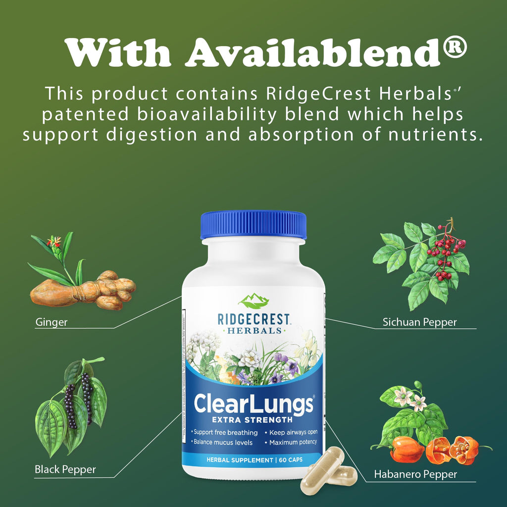 RidgeCrest Herbals ClearLungs Extra Strength Lung Health Support 60 Ct | 30 Servings, 13 Unique Herbs, Natural Nasal Support, Respiratory Comfort, 50% more than Classic with Availablend