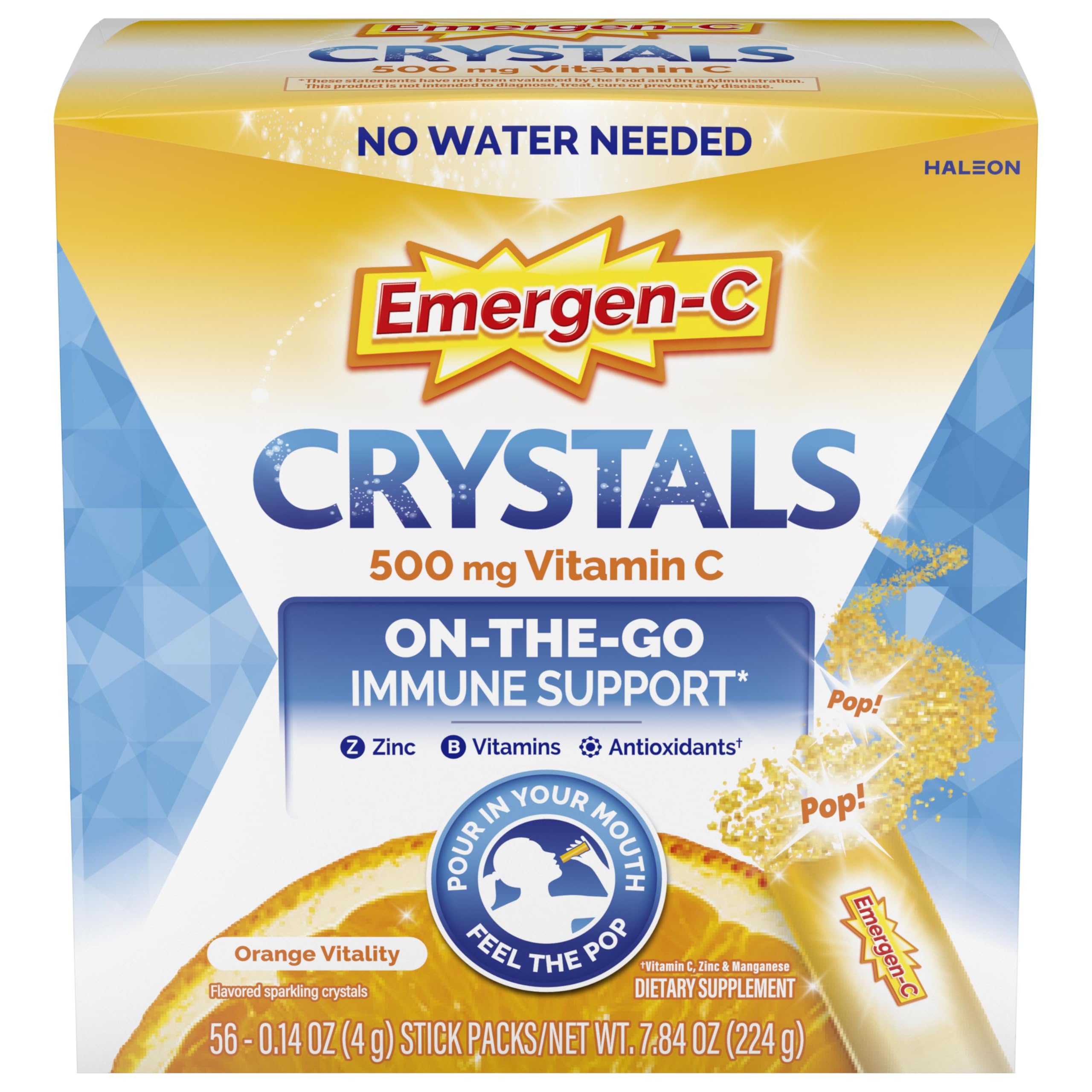 Emergen-C Vitamin C 500mg, Immune Support Crystals, Orange, 56 Packets | High Potency Vitamin C, B Vitamins for Energy, Zinc and Manganese, No Water Needed, Easy Pouch Format