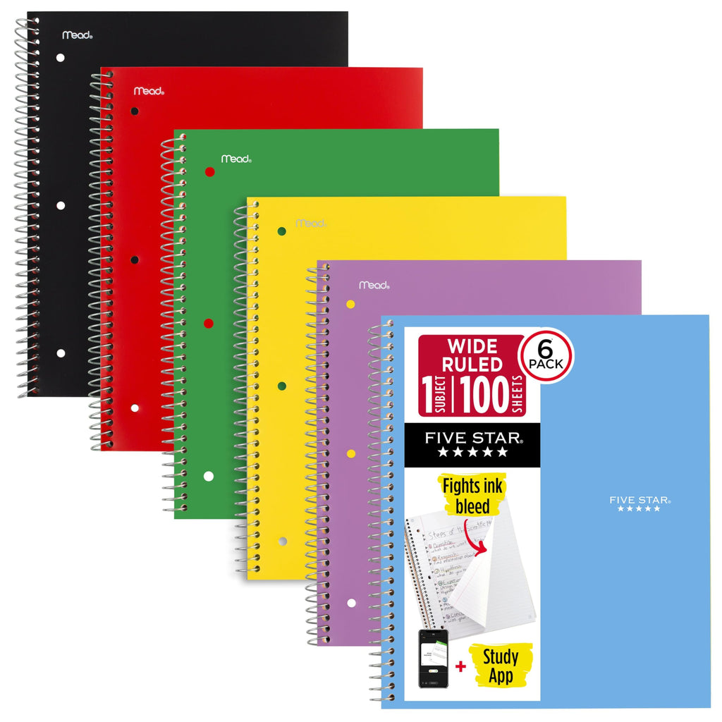 Five Star Spiral Notebook + Study App, 6 Pack, 1 Subject, Wide Ruled 8" x 10.5" Paper, 100 Sheets, Fights Ink Bleed, Water Resistant Cover, Assorted Colors (38042)