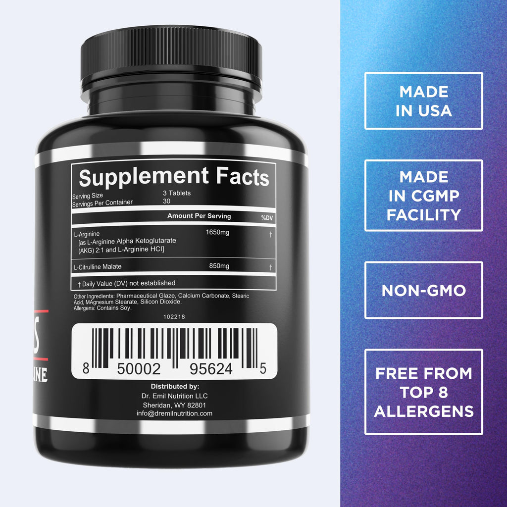 Dr. Emil's L-Arginine & L-Citrulline Malate, Nitric Oxide Boost, 90 Tablets | High-Dose Formula to Support Healthy Blood Flow, Circulation, Endurance, and Intense Workout Pump Support, L Citruline Malate