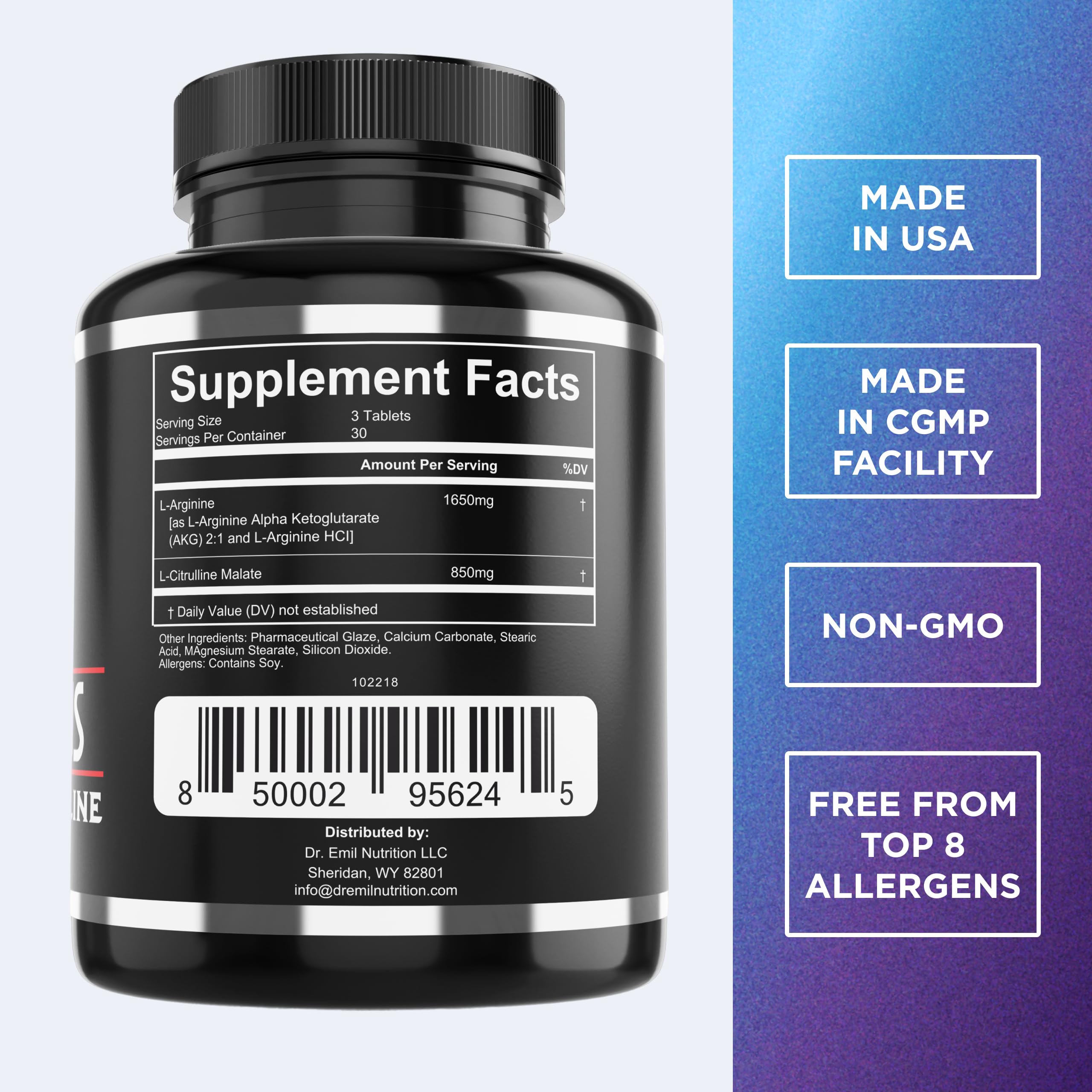 Dr. Emil's L-Arginine & L-Citrulline Malate, Nitric Oxide Boost, 90 Tablets | High-Dose Formula to Support Healthy Blood Flow, Circulation, Endurance, and Intense Workout Pump Support, L Citruline Malate