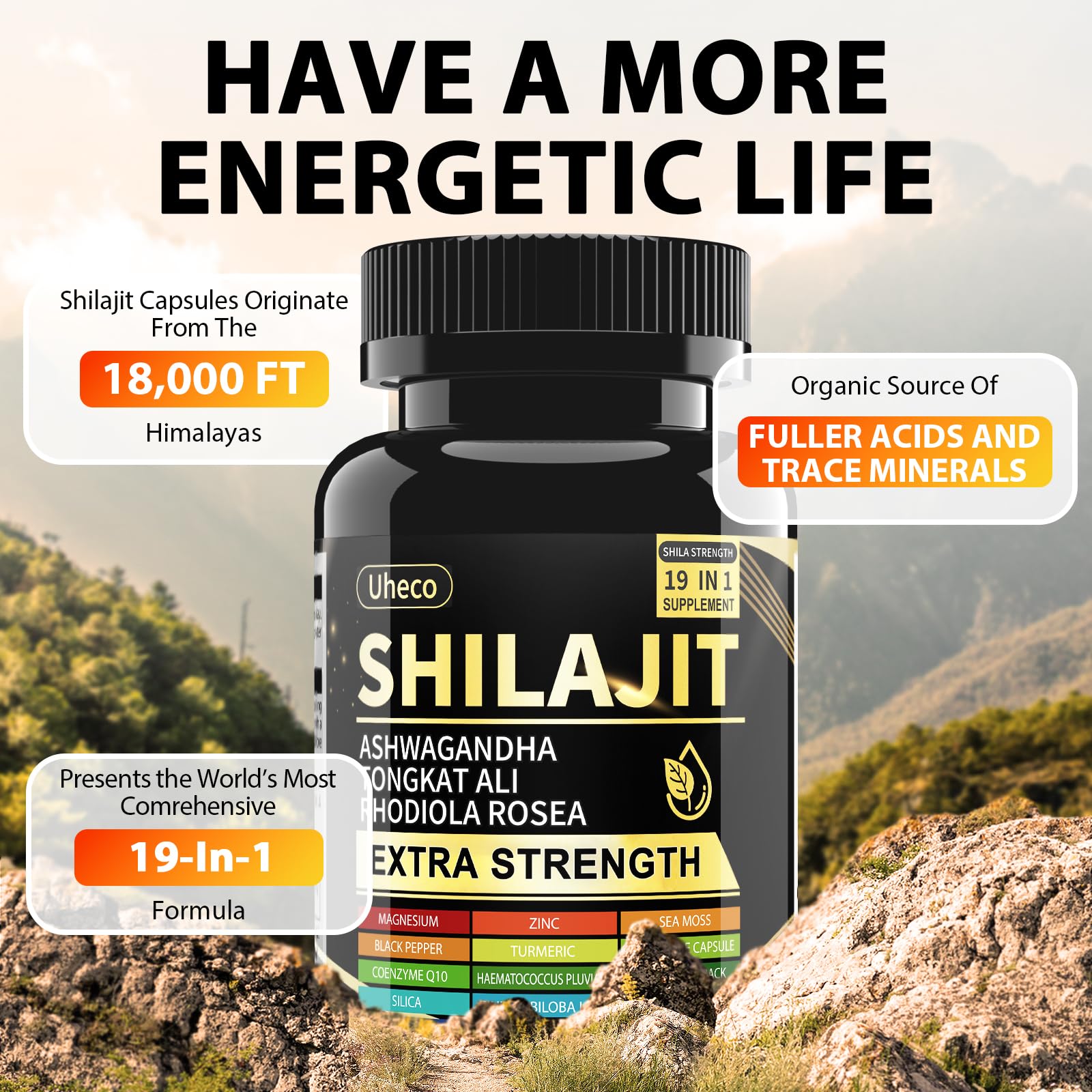 19-in-1 Shilajit Capsules for Men & Women, 90 Count | Energy Boost & Immune Support, 85+ Trace Minerals, 60% Fulvic Acid, Gluten Free, Non-GMO, Vegan, Natural Mineral Supplement