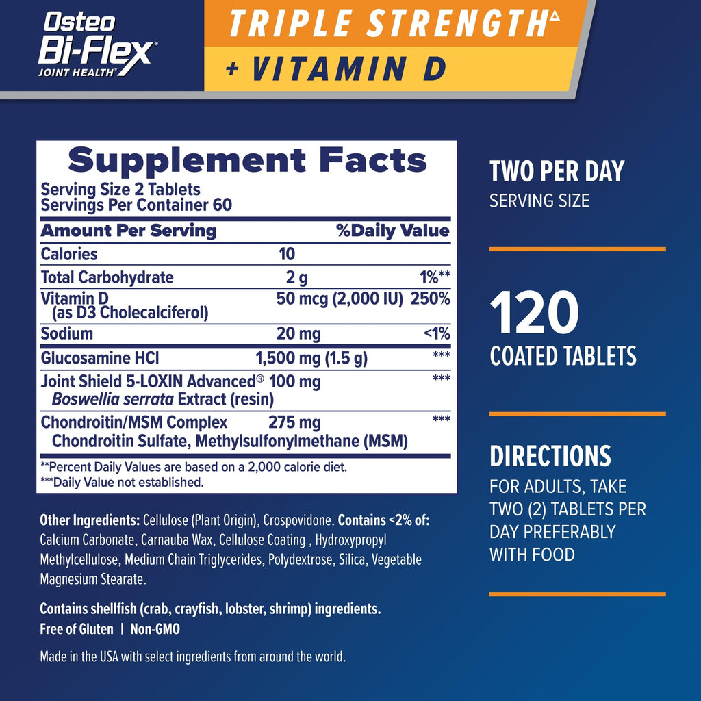 Osteo Bi-Flex Triple Strength Glucosamine Chondroitin Supplement, 120 Ct | With Vitamin D, Improve Joint Function, Support Bone Health, 120 Coated Tablets
