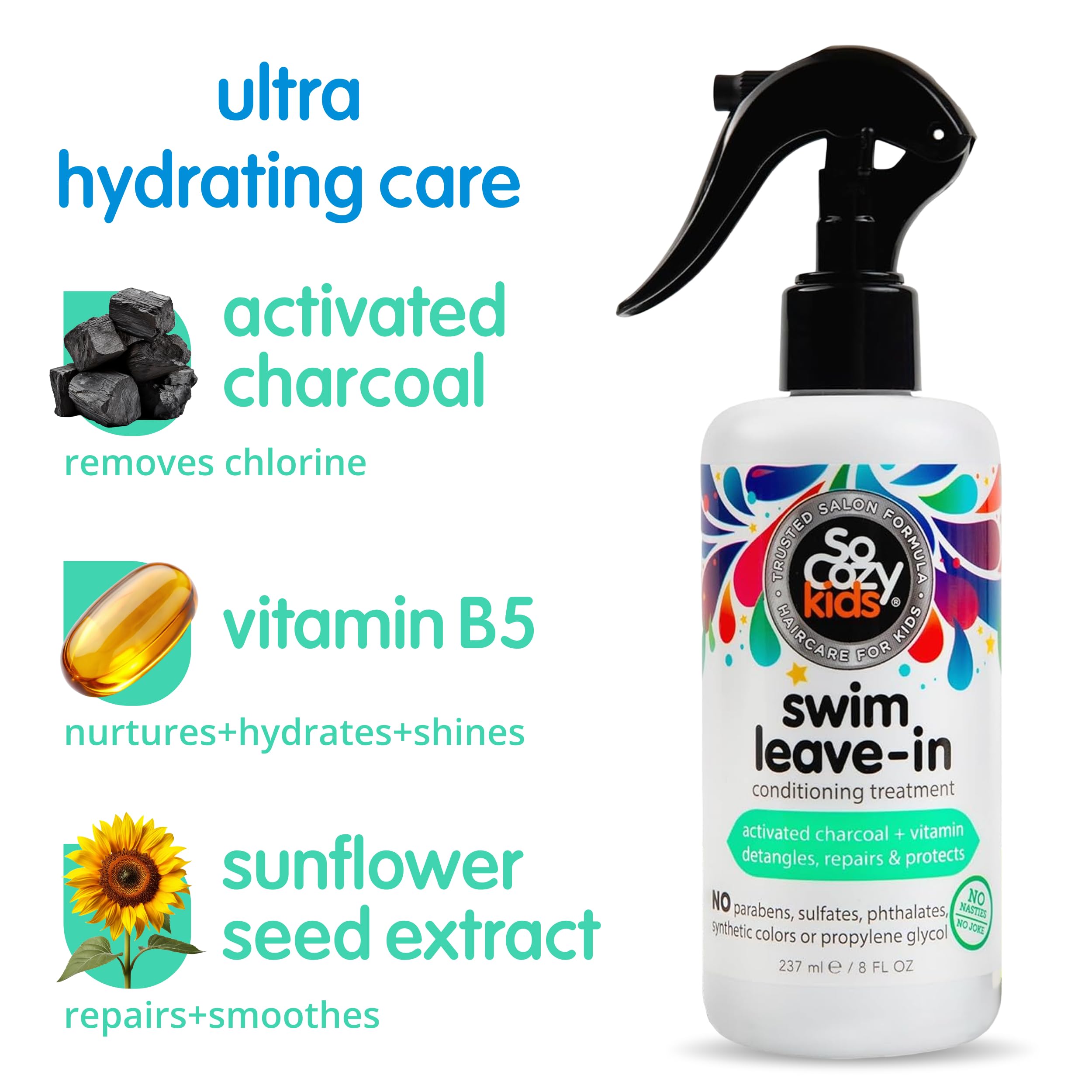 SoCozy Swim Leave In Conditioner Spray & Treatment for Kids Hair (8 Fl Oz) Protects & Repairs Pool, Sun & Salt Damaged Hair, Gentle Formula with Activated Charcoal, Vitamin B5 & Sunflower Seed Extract