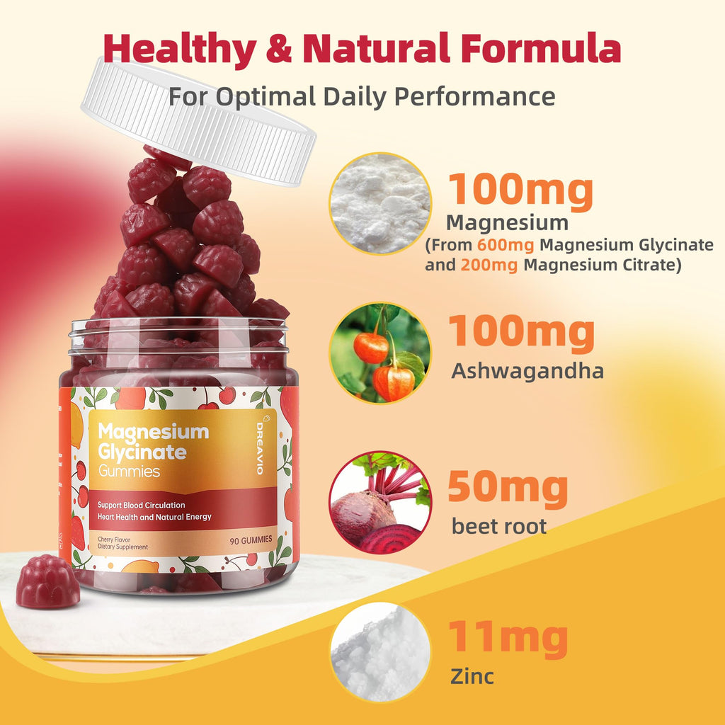 DREAVIO 600mg Magnesium Glycinate Gummies, Sugar Free, 90 Count | Provides 100mg Elemental Magnesium from Magnesium Glycinate & Citrate, with Zinc & Ashwagandha, Cherry Flavor Vegan Gummies