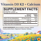 Vitalitown Vitamin D3 K2 Calcium 1200 mg for Women & Men, Vitamin D3 5000 IU, High Potency Bone Strength, Teeth & Immune System Support, Maximum Absorption, Easily Absorbable, 60 Tablets