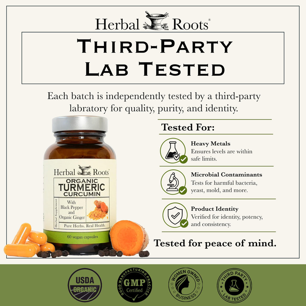 Herbal Roots Organic Turmeric Curcumin Capsules with Ginger and Black Pepper - 95% Standardized Curcumin - USDA Certified Organic - 60 Vegan Capsules