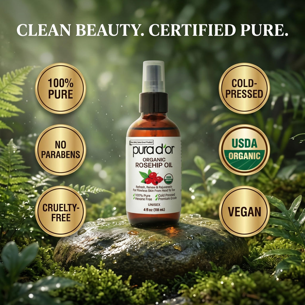 PURA D'OR ORGANIC Rosehip Seed Oil Pure Cold-Pressed for Face, 4oz