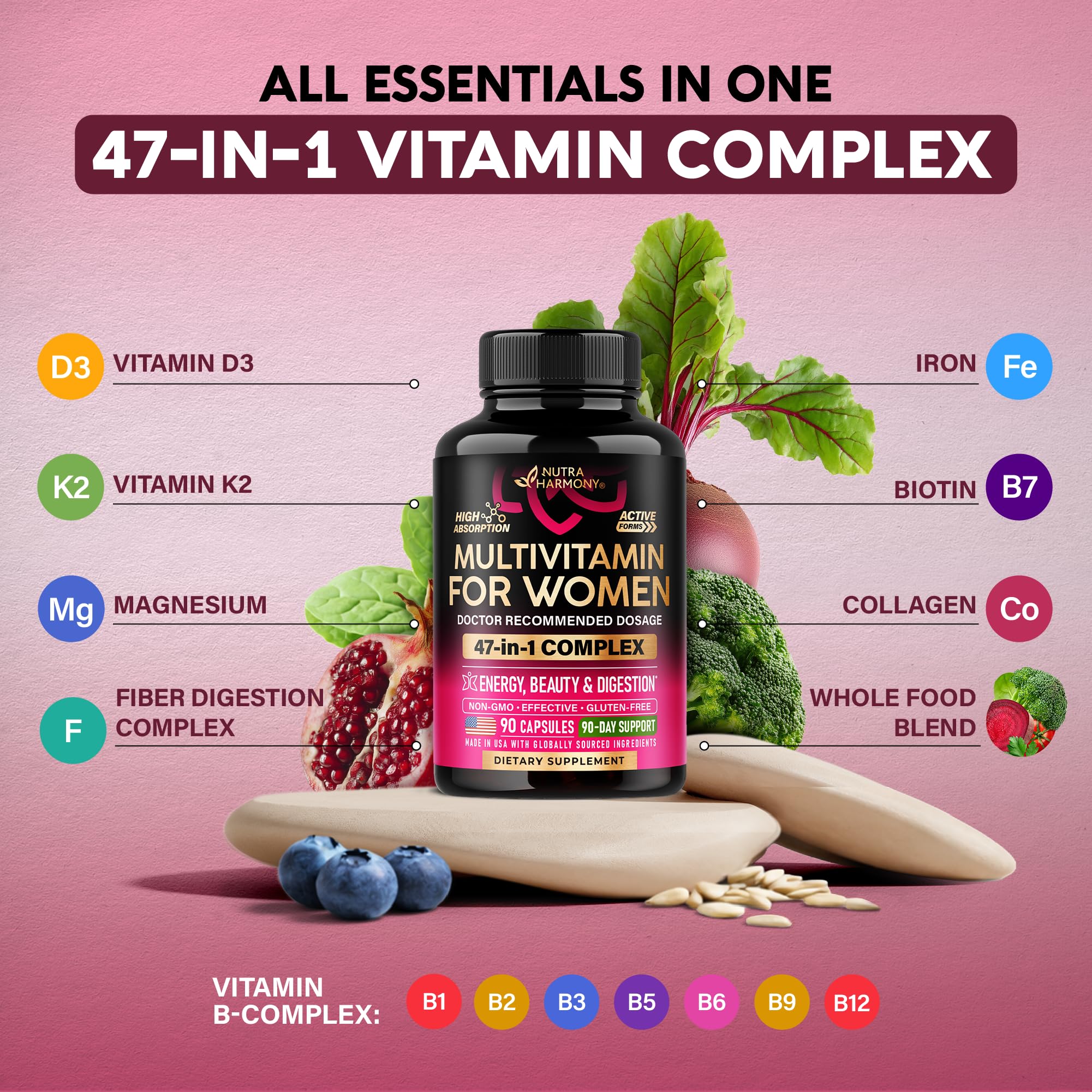 Multivitamin for Women 47in1 - B-Complex, Biotin, D3 & K2, Iron - 90 Caps | Womens Multivitamin - Whole Foods | Hair Growth Support | Digestion & Metabolism - Bioavailable & Gentle on Stomach - 1/Day