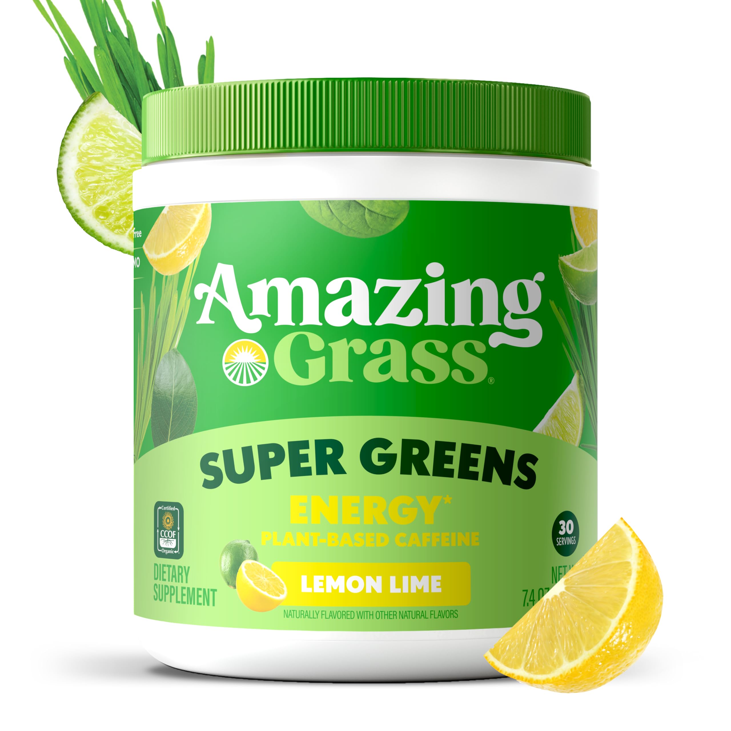Amazing Grass Super Greens Powder Energy Lemon Lime, 30 Servings | Organic Energy Greens Powder with Plant-Based Caffeine, Yerba Mate & Green Tea Leaf for Sustained Energy & Focus