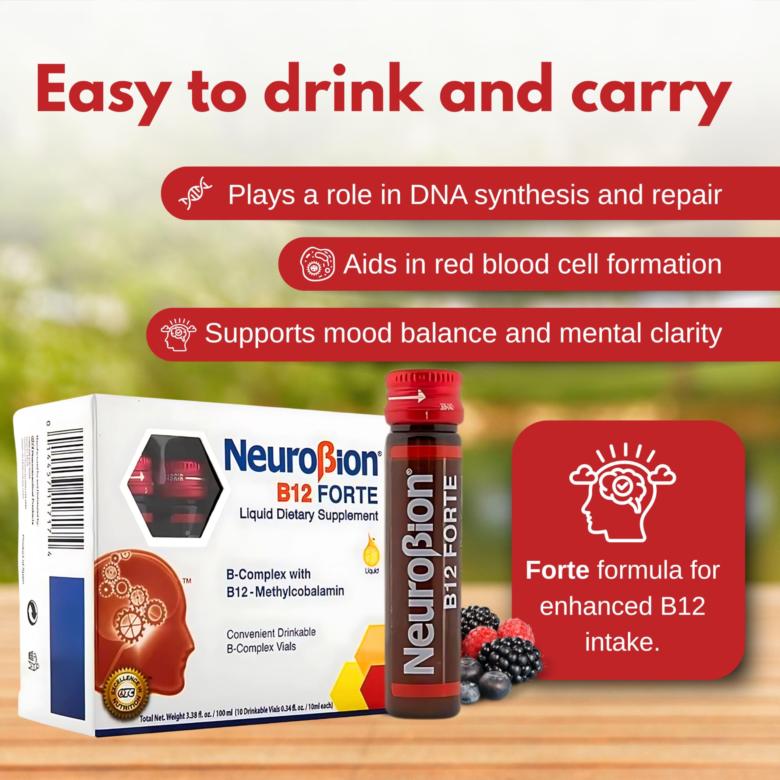 Neurobion Forte Vitamin B12 Methylcobalamin B6 B2 Niacin Liquid Shots Daily Energy & Nervous System Support Complex Easy Oral Drinkable10 Vials | High potency liquid supports daily energy and nerve function; open and drink, no pills