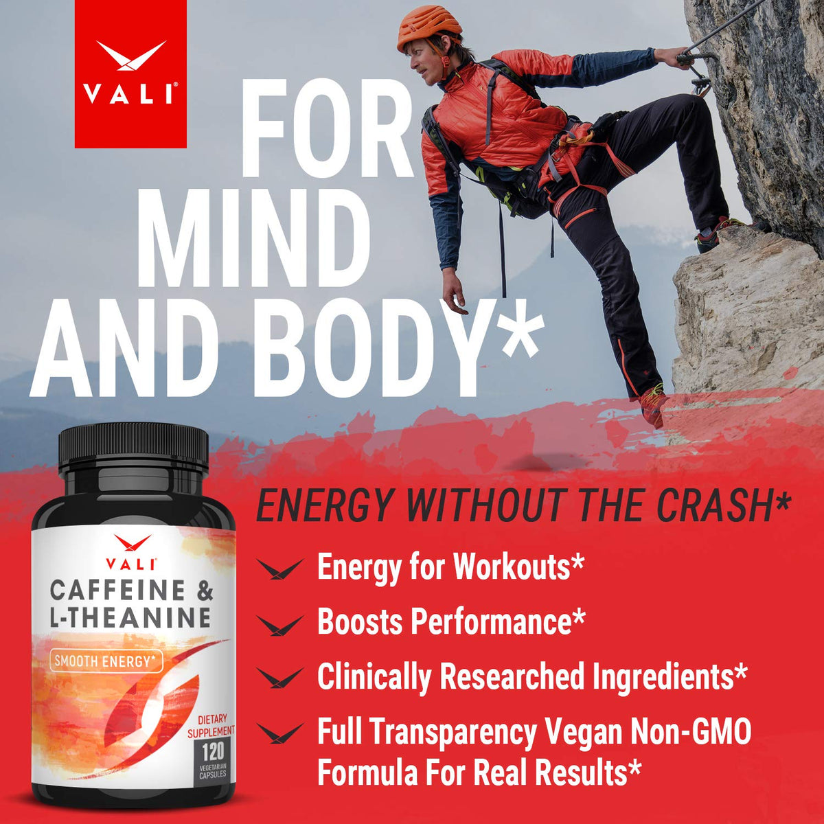 VALI Caffeine 50mg & L Theanine 100mg - Caffeine Pills & L-Theanine for Smart Smooth Energy & Focus Supplement. Nootropic Brain Booster Cognitive Support Stack & Focused Clarity. 120 Veggie Capsules