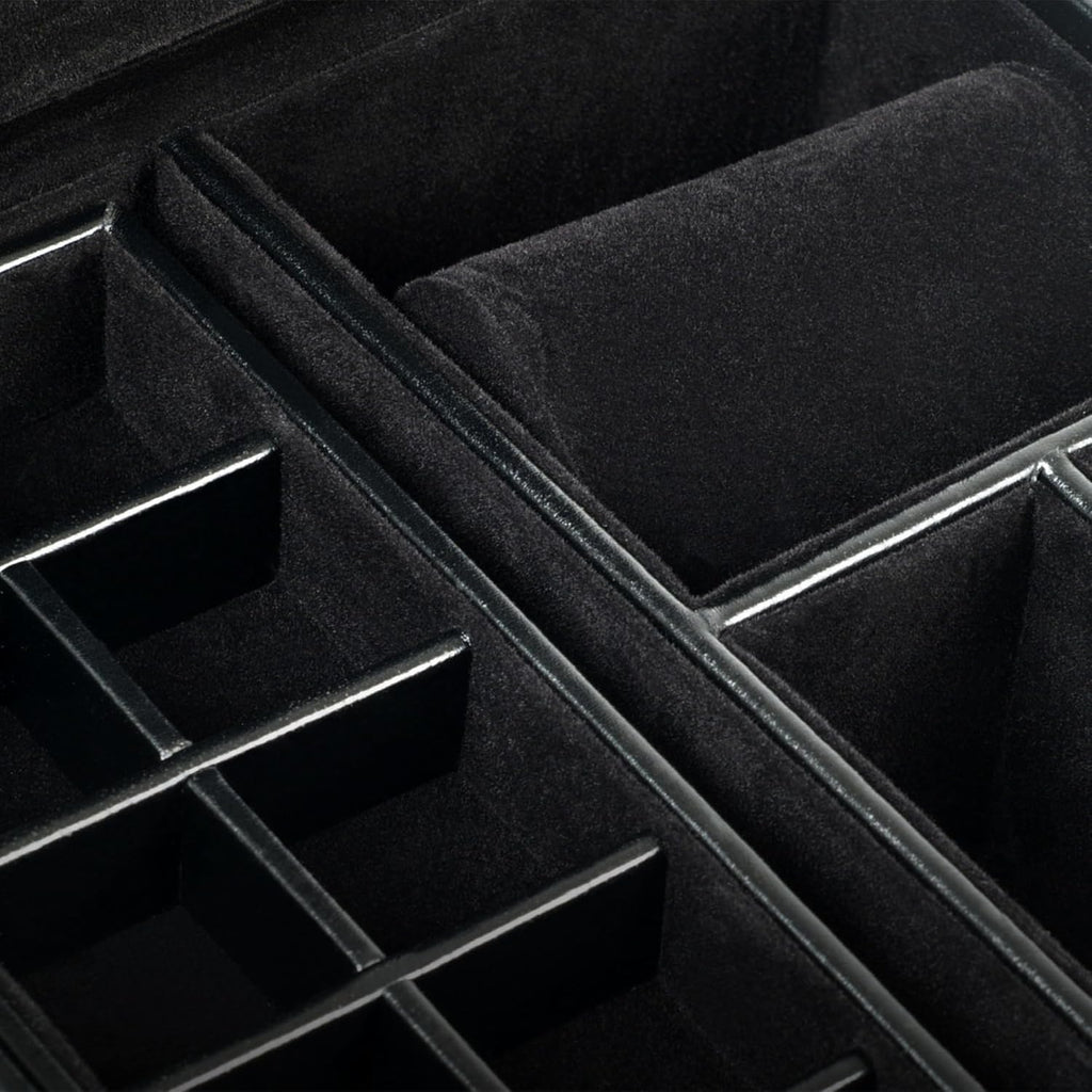 Buy now WOLF Heritage Large Valet Case, Black - 13 Compartments + One Watch Roll - Faux Leather Exterior + Ultra-Suede Lining at indiglob india