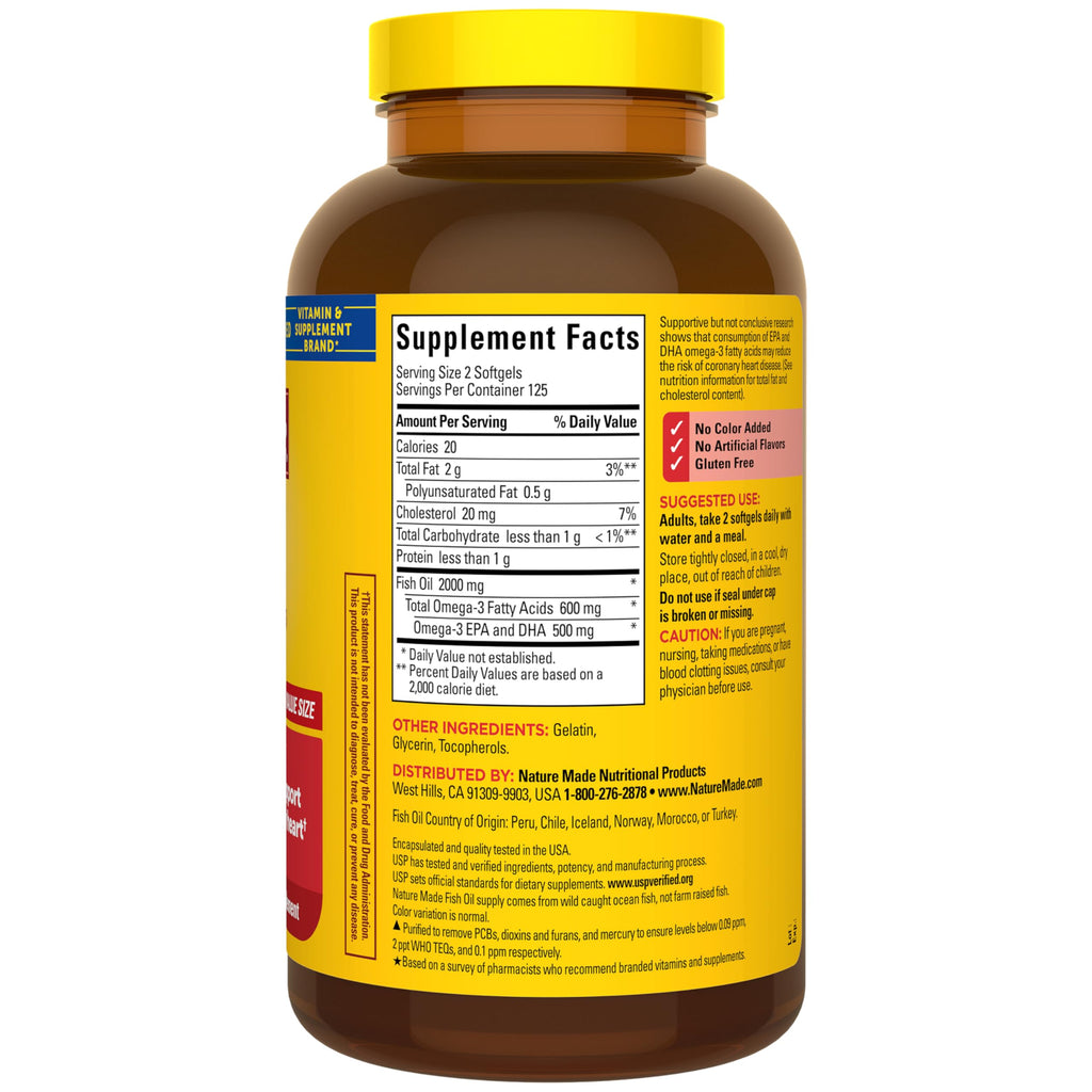 Nature Made Fish Oil Omega 3 Supplements, 2000mg per Serving, 250 Softgels | Fish Oil 2000mg per serving, Omega 3 Fish Oil for Healthy Heart Support, Gluten Free, Dairy Free, 125 Day Supply