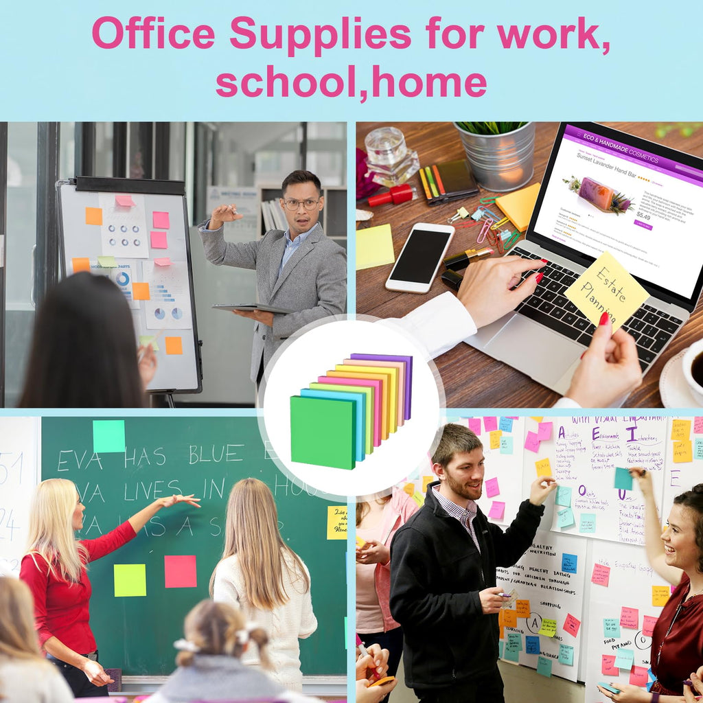 Sticky Notes 3x3 in, 8 Bright Self-Stick Pads, 800 Sheets for School Office