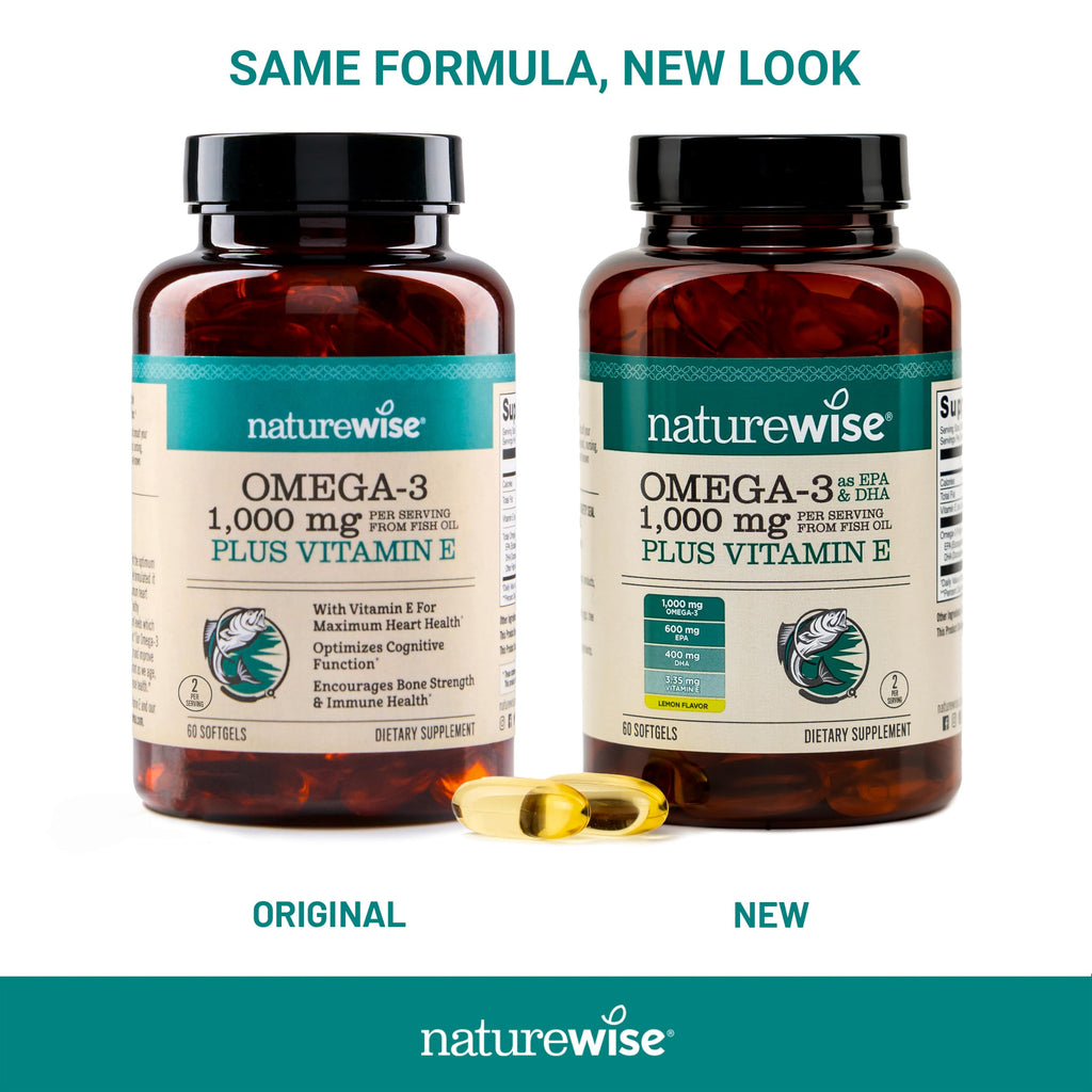 NatureWise Extra-Strength Omega 3 Fish Oil Supplement - 1000mg per Serving - 600 EPA & 400 DHA and Vitamin E - Sustainably Sourced Fish Oil - Lemon Flavor - 60 Softgels[1-Month Supply]