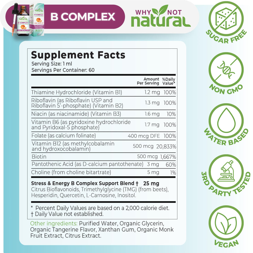 Why Not Natural Vitamin B Complex Liquid Drops - Supplement for Women - Vegan and Sublingual Forms of B1 B2 B3 B5 B6 Biotin Folate and Choline - Plus Blend for Energy Support