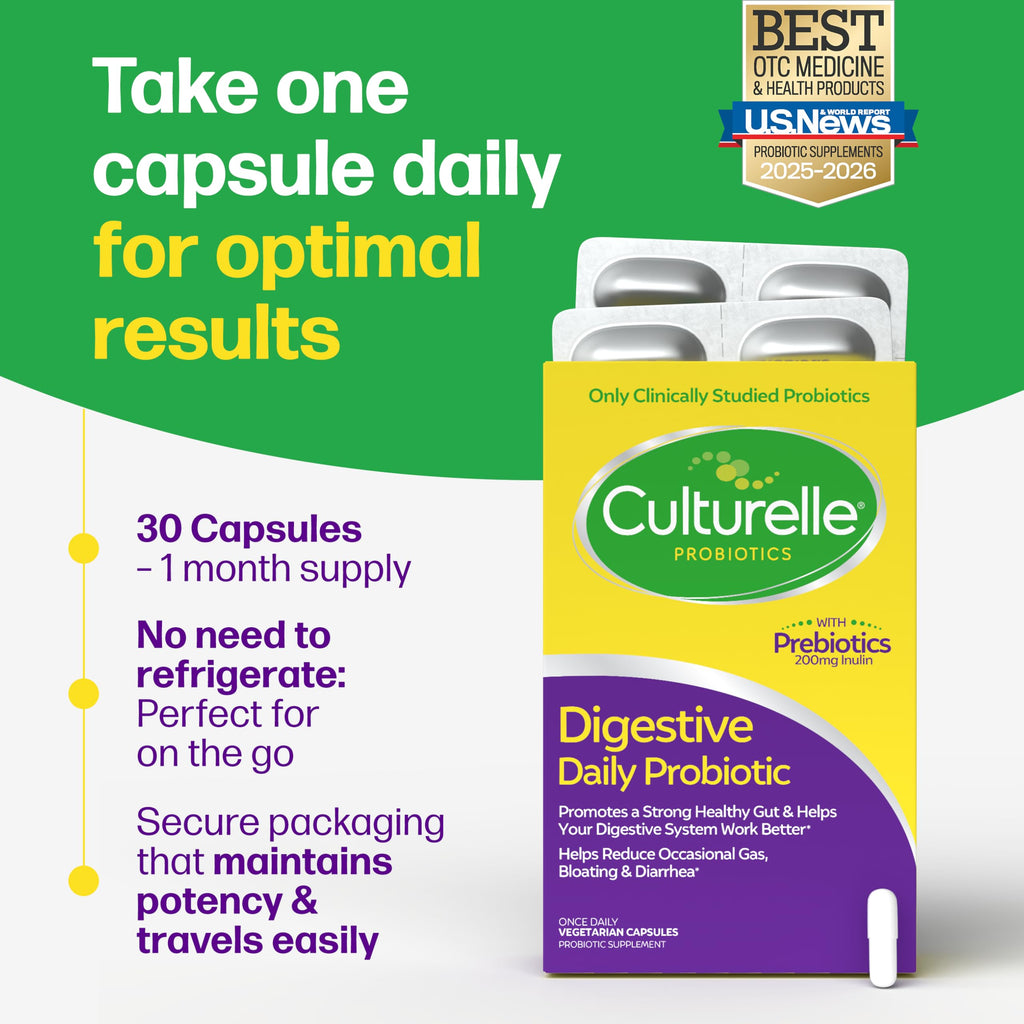 Culturelle Digestive Daily Probiotic for Men & Women, 10B CFUs, 30 Count | Gut Health Support for Men & Women, Survives Stomach Acid, Supports Occasional Gas & Bloating*