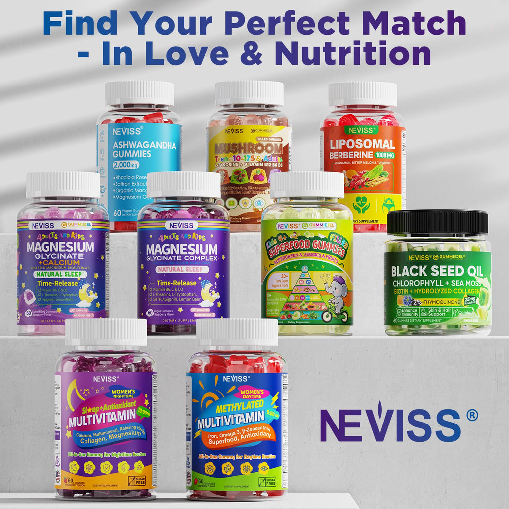 Neviss Magnesium Glycinate + Calcium Filled Gummies for Adults and Kids 4+, Kids Sleep Gummies Melatonin Free, Sugar Free Magnesium Supplement with B6 D3, L-Theanine for Zzz & Relax, Brain,Bone,Muscle