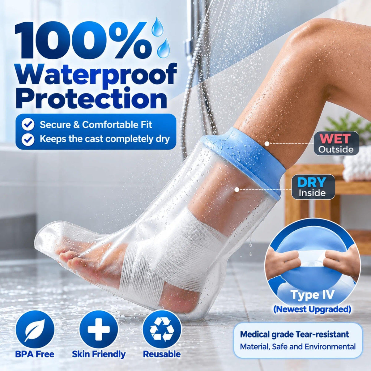 100% Waterproof Foot Cast Covers for Shower Adult, Shower Boots for Foot