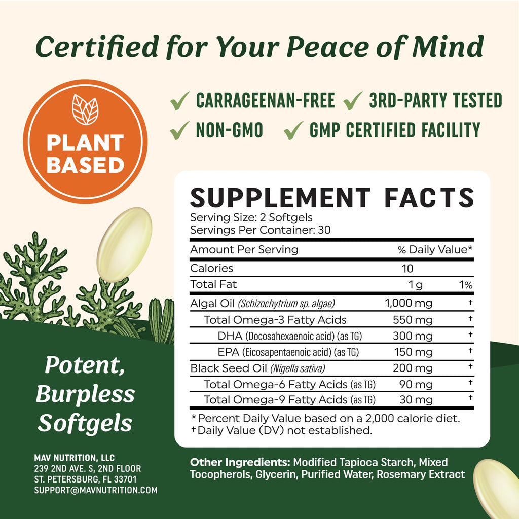 Vegan Omega 3 Algae Oil, Plant Based DHA EPA, Sustainably Sourced, Non-GMO | Carrageenan-Free, Heart Brain & Eye Health Support, Fish Oil Alternative, Omega 3 Fatty Acid Supplements, 60 Vegan Softgels