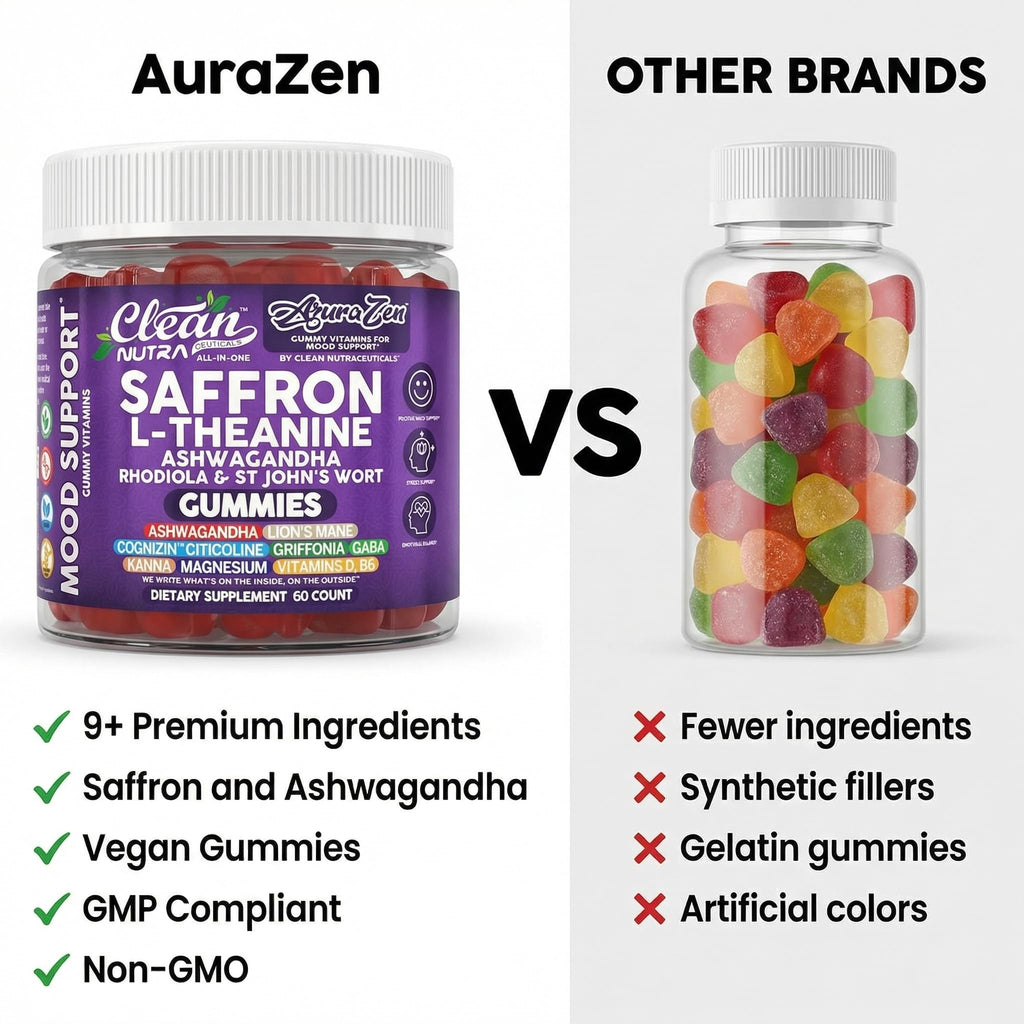 AuraZen Mood Support Saffron Gummies L-Theanine Ashwagandha Rhodiola St John's Wort Lions Mane GABA Vitamin D Magnesium Supplement | Calm Vegan Plant-Based Herbal Gummy By Clean Nutra