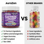 AuraZen Mood Support Saffron Gummies L-Theanine Ashwagandha Rhodiola St John's Wort Lions Mane GABA Vitamin D Magnesium Supplement | Calm Vegan Plant-Based Herbal Gummy By Clean Nutra