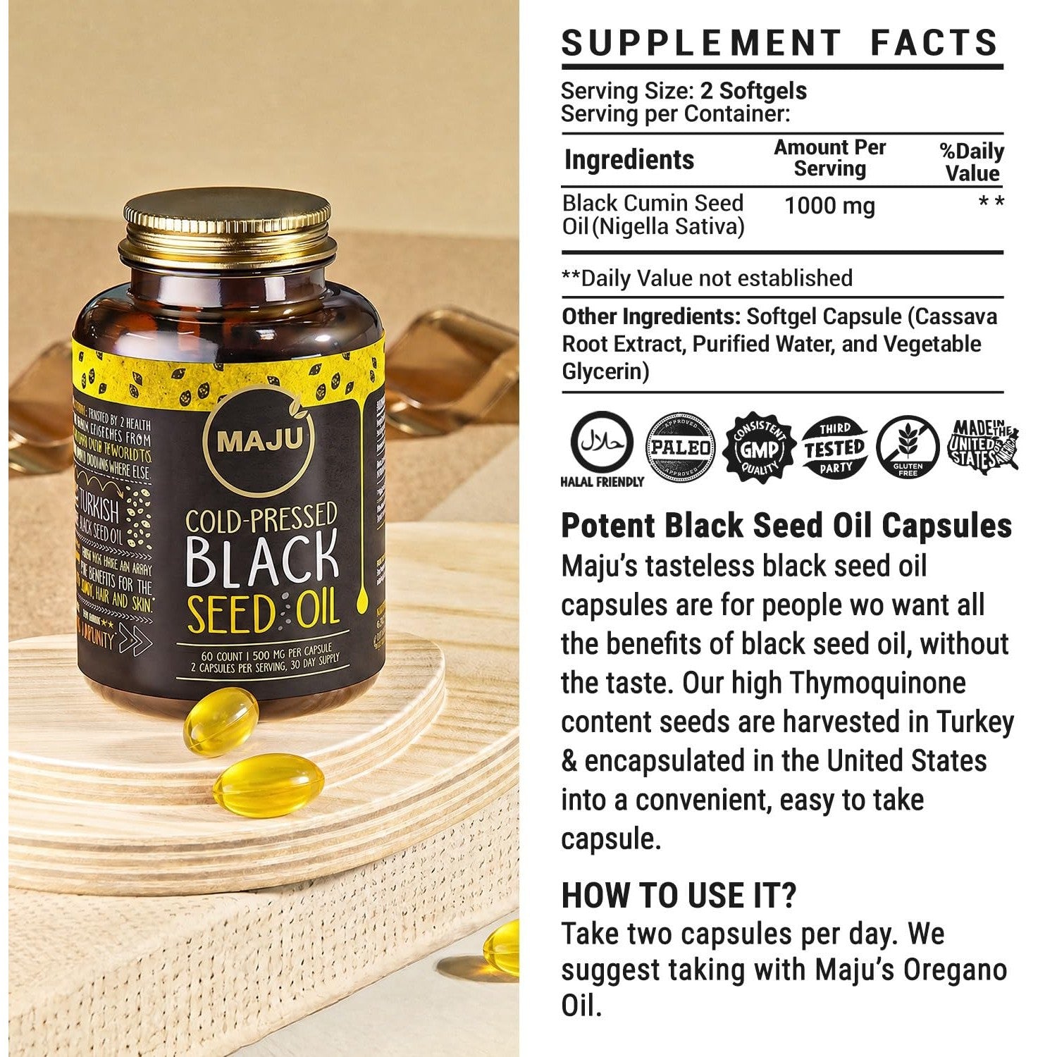 Maju Superfoods Black Seed Oil Capsules - Cold Pressed, 3X Thymoquinone, 100% Turkish Black Cumin Nigella Sativa Seed Oil, Liquid Pure Blackseed 60 Count, 500mg per Capsule