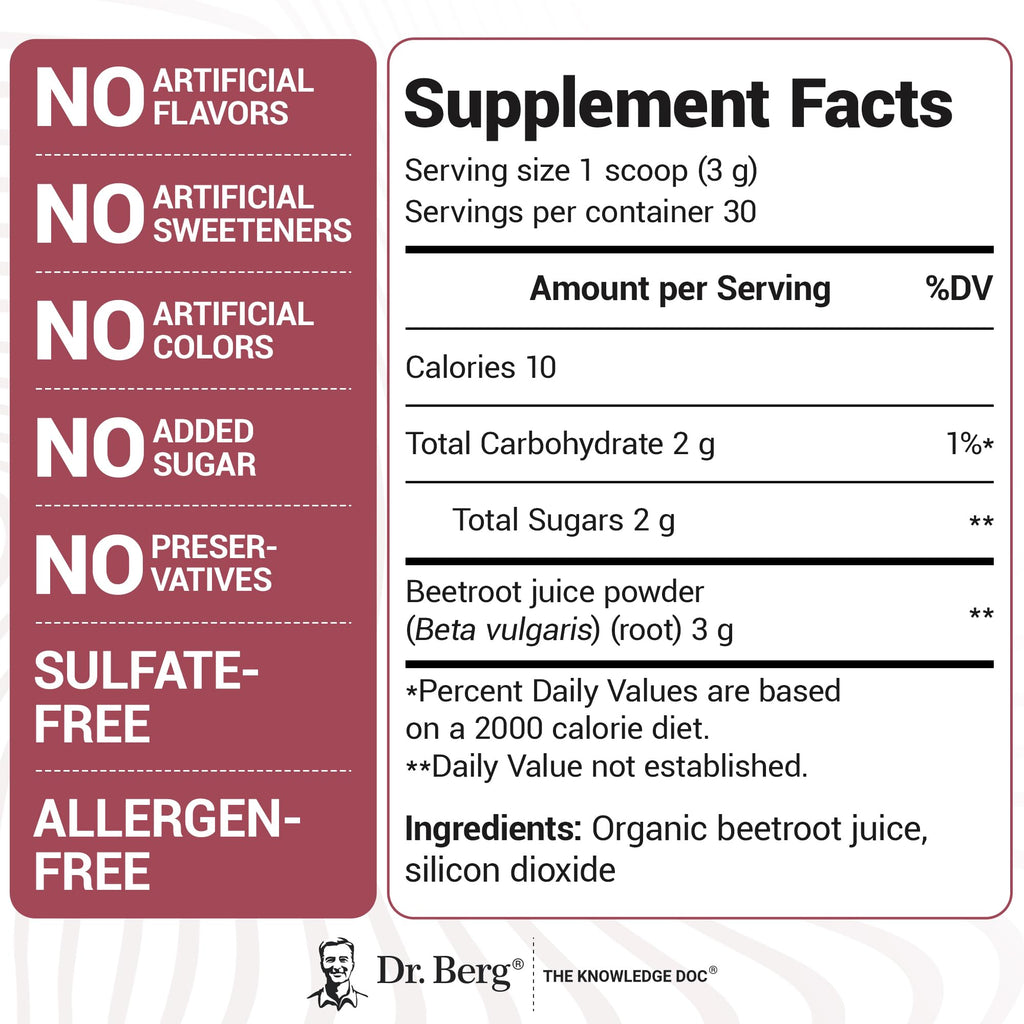 Dr. Berg Raw Organic Beet Powder from Real Earth-Grown Beets – USDA Certified Organic Beet Root Powder to Support Nitric Oxide Levels, Energy, Blood Flow, & Heart Health* – 30 Servings