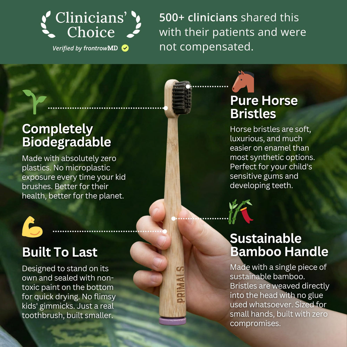 PRIMALS Kids Horse Bristle & Bamboo Toothbrush (4-Pack) - Soft & Healthy Horse Bristles - Zero Microplastics - Fully Biodegradable - Quick Dry Design