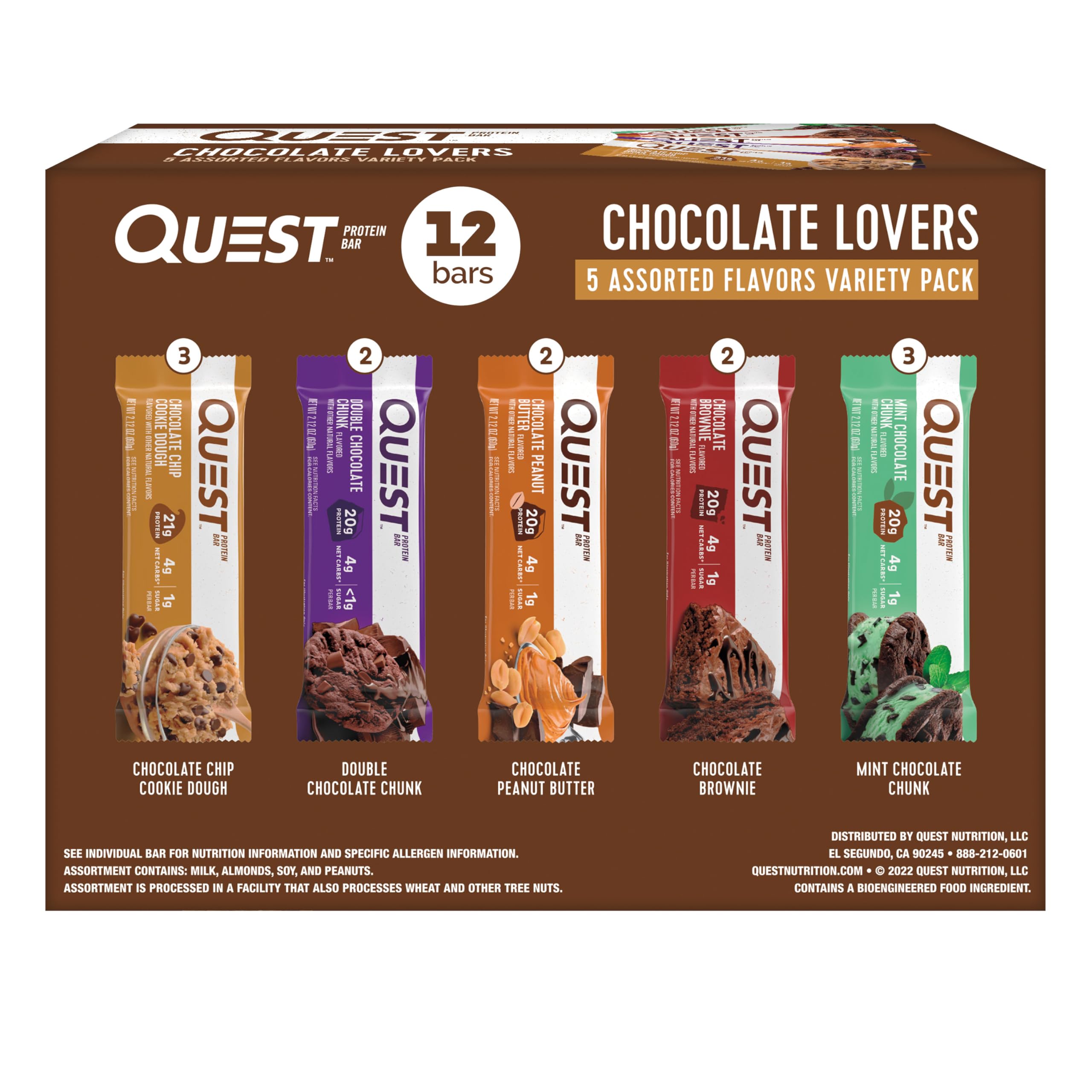 Buy now Quest Nutrition Chocolate Brownie Protein Bar, 20g Protein, 1g Sugar, 4g Net Carb, High Fiber, Gluten Free, 12 Count Chocolate Lovers Variety Pack 12 Count (Pack of 1) at indiglob india