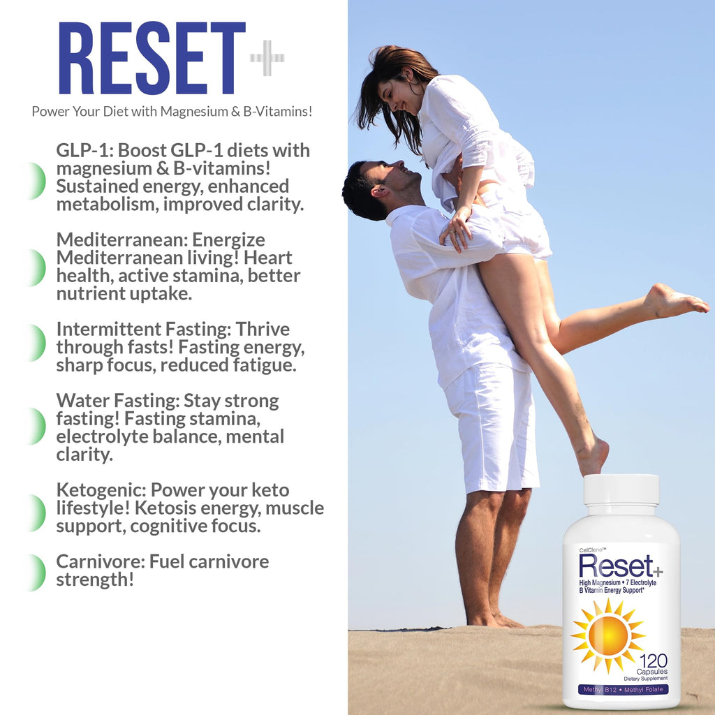 Reset+, 7 Energy Electrolytes, High Methyl B12, Methyl Folate, Pink Salt, High Magnesium, Super B Complex, Green Tea & Green Coffee Extracts, Biotin, Zinc, 72 Trace Minerals