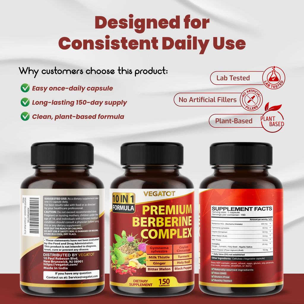 Vegatot Premium Berberine Complex 10-in-1 Formula, 150 Capsules