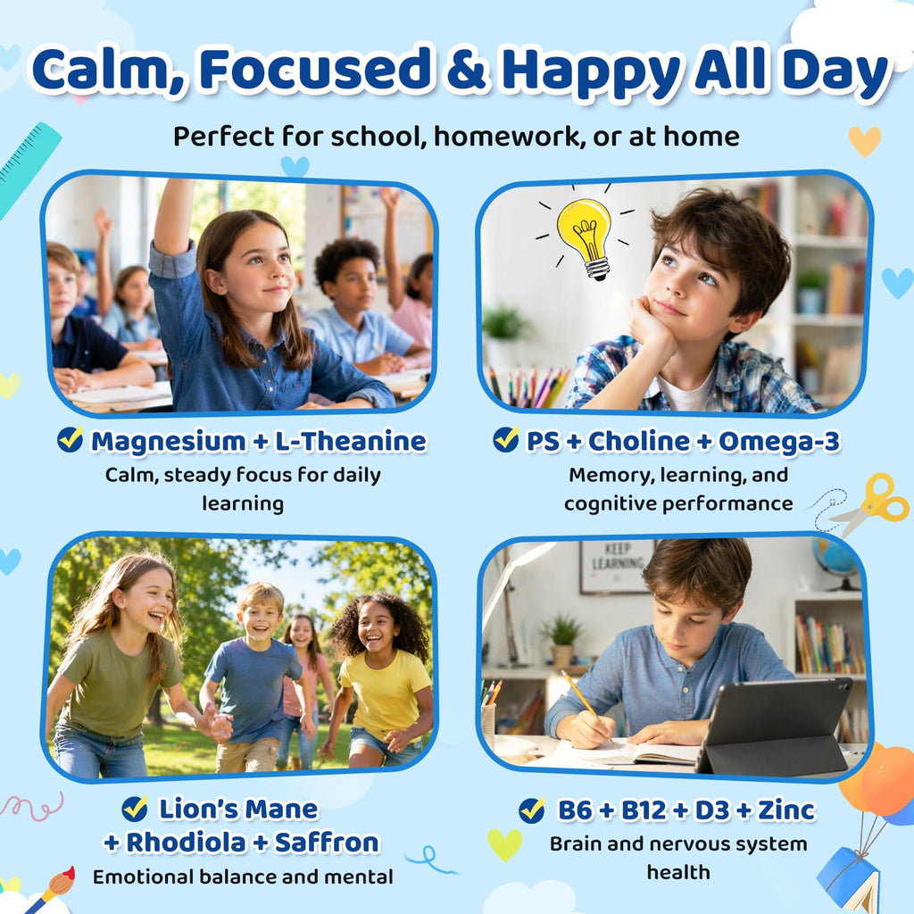 Kids Focus & Memory Gummies with Magnesium Glycinate, Phosphatidylserine & Choline - Support Brain, Attention & Focus for Kids, Learning & Cognitive Development – Sugar Free Strawberry 60 Gummies