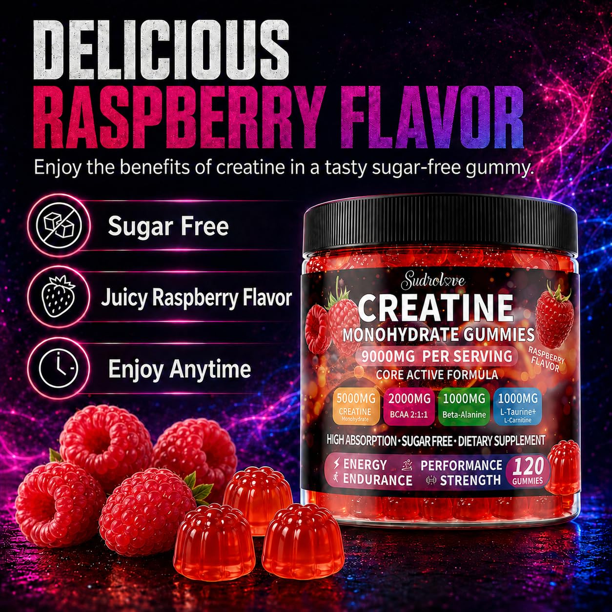 Creatine Monohydrate Gummies 5000mg for Women & Men,120 Count | Blended BCAA, Beta-Alanine, L-Taurine & L-Carnitine Plus B6 B12,Chewable Pre-Workout, Boost Stamina,Ease Muscle Soreness