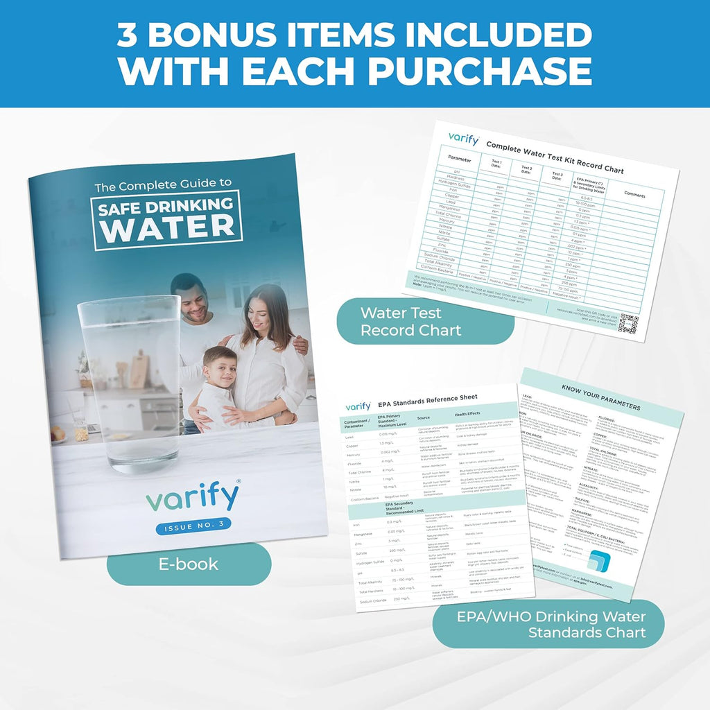 Buy now Varify 17in1 Complete Drinking Water Test Kit - 100 Strips + 2 Bacteria Tester Kits - Well, Tap, Home, City Water Testing Strip for Lead, Alkaline, Chlorine, Hardness, Iron, Fluoride, Copper & More at indiglob india