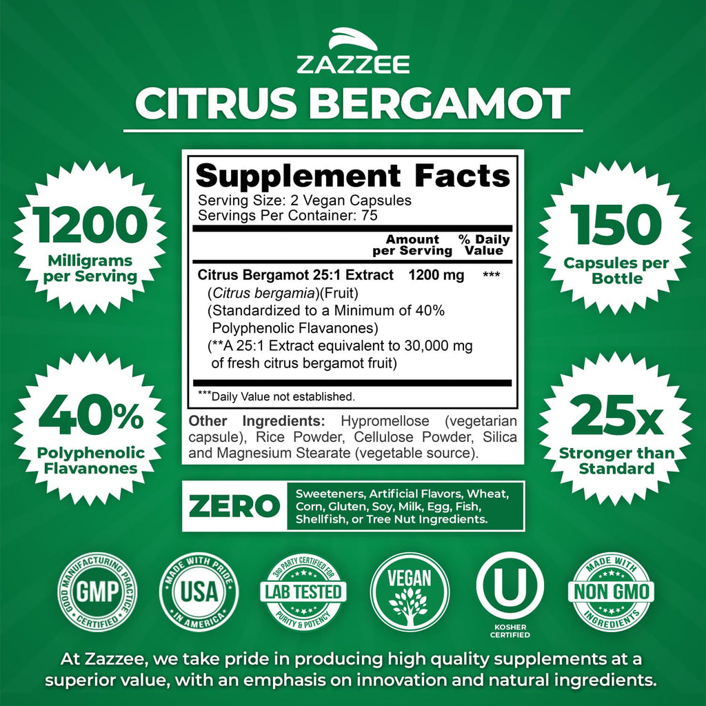 Zazzee Citrus Bergamot 25:1 Extract, 1200 mg Per Serving, 150 Capsules