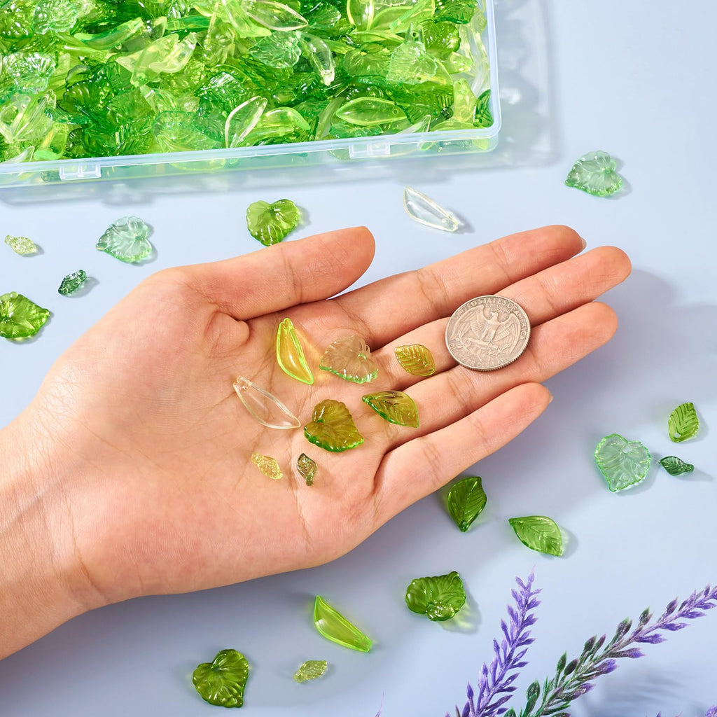 Pandahall 320 Pcs Green Acrylic Leaf Beads Transparent Maple Leaves Pendants Tiny Green Leaf Bead Caps for Jewelry Making DIY Spring Crafts Earring Bracelet