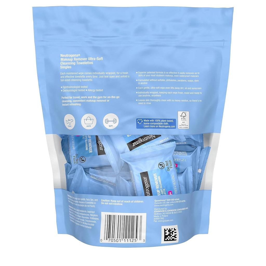 Buy now Neutrogena Makeup Remover Wipes, Daily Single Face Cleansing Towelettes, Makeup Removing Cleansing Wipes Removes Dirt & Oil, Alcohol-Free Face Towelettes, 20 ct at indiglob india