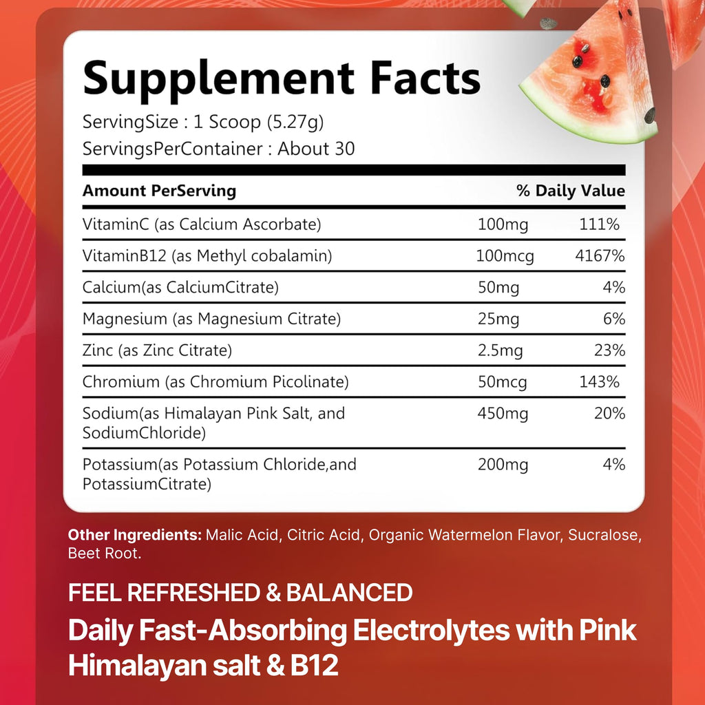 Rosabella Electrolyte Drink Powder – Watermelon – Sugar-Free Hydration Drink Mix – Electrolytes Powder with Sodium, Potassium, Magnesium, Calcium – Travel Jar – 30 Servings (5.6 oz)