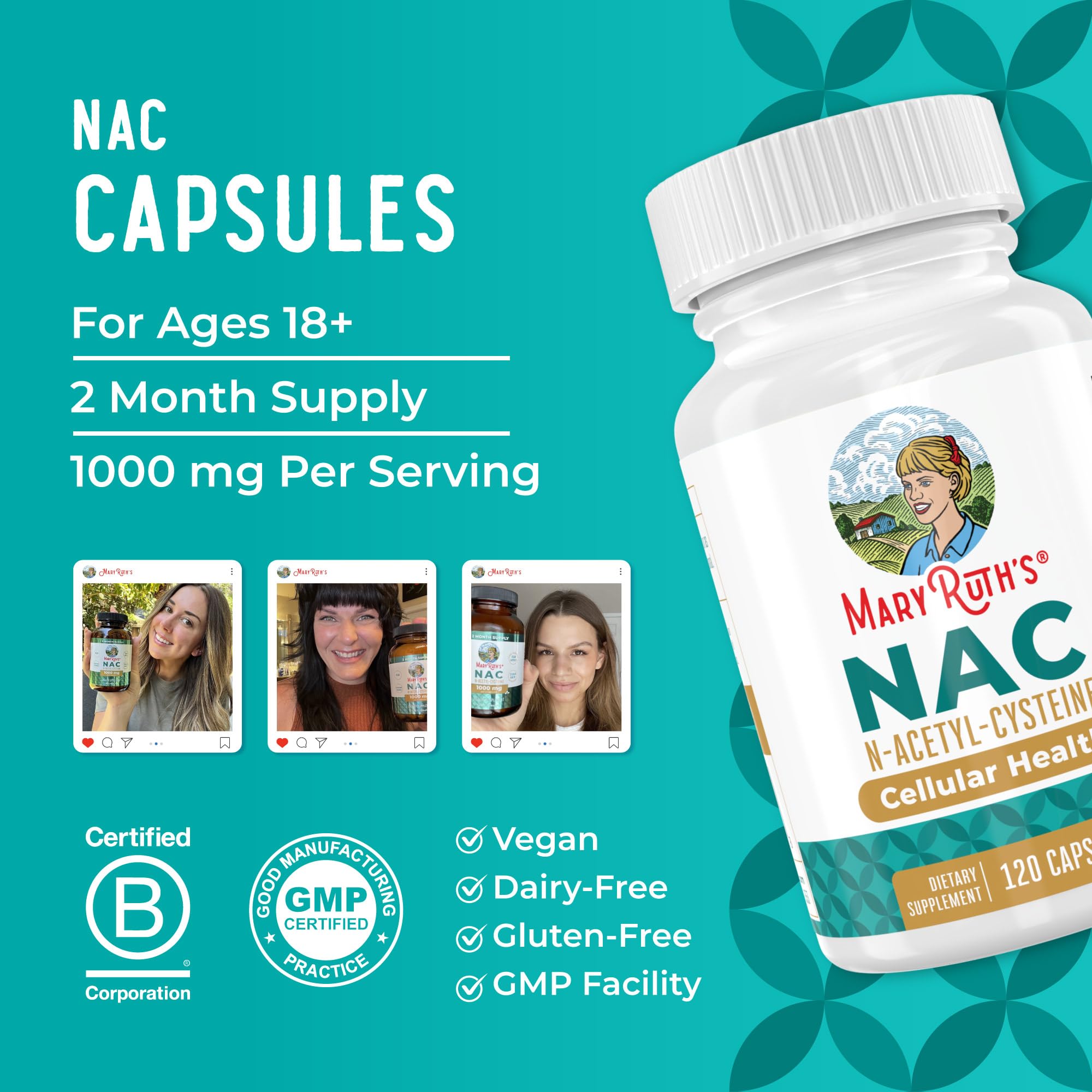 MARYRUTH'S NAC Supplement N-Acetyl Cysteine Capsules, Glutathione Precursor | Glutathione Precursor, Amino Acid, Cellular Health, Vegan, Non-GMO