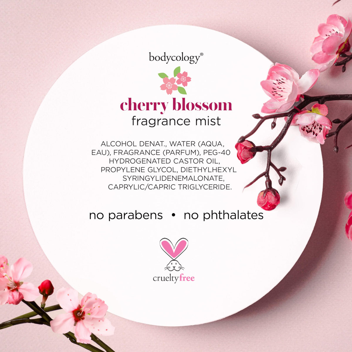 Bodycology Cherry Blossom Fragrance Mist. Authentic scent with no parabens or phthalates. Cruelty-free formula.