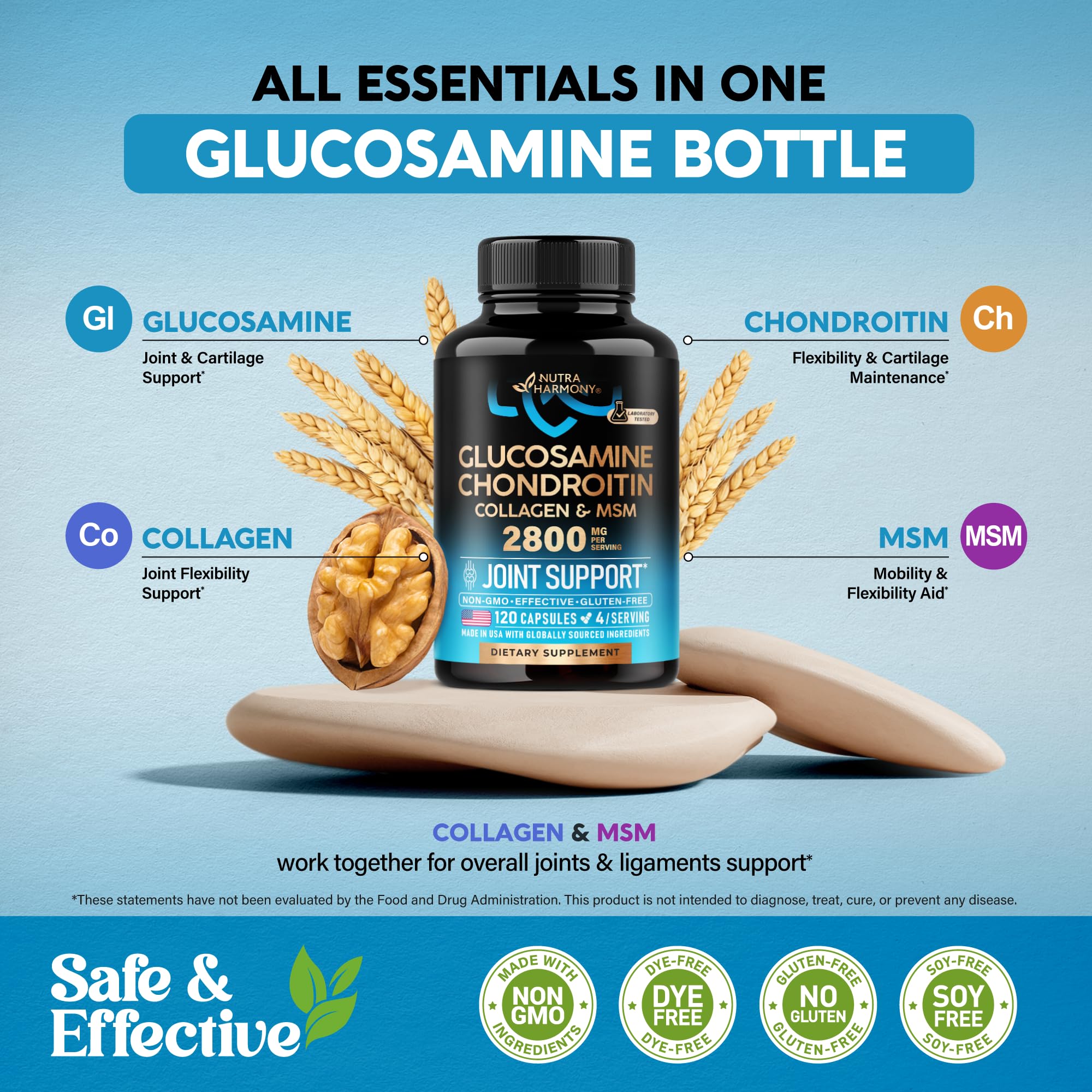 Glucosamine Chondroitin MSM Collagen - Joint Supplements 2800 mg - 120 Caps