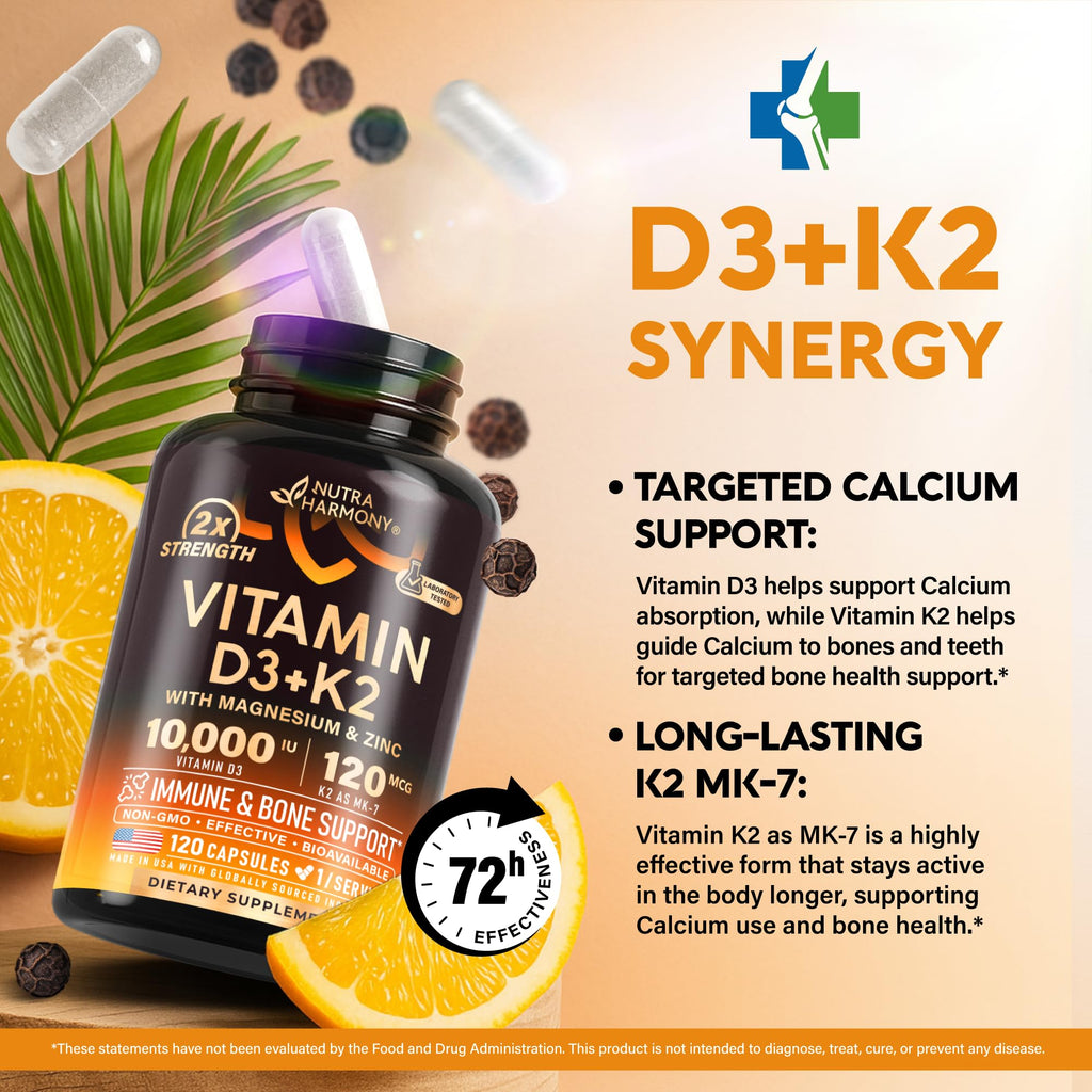 Vitamin D3 K2 - Vitamin D3 10000 iu & K2 as MK-7 120 mcg Complex - 120 Caps | D3 K2 + Magnesium, Zinc & Vitamin C & B12- Immune & Mood Support, Bone & Teeth Health - for Men & Women - Highly Bioavailable